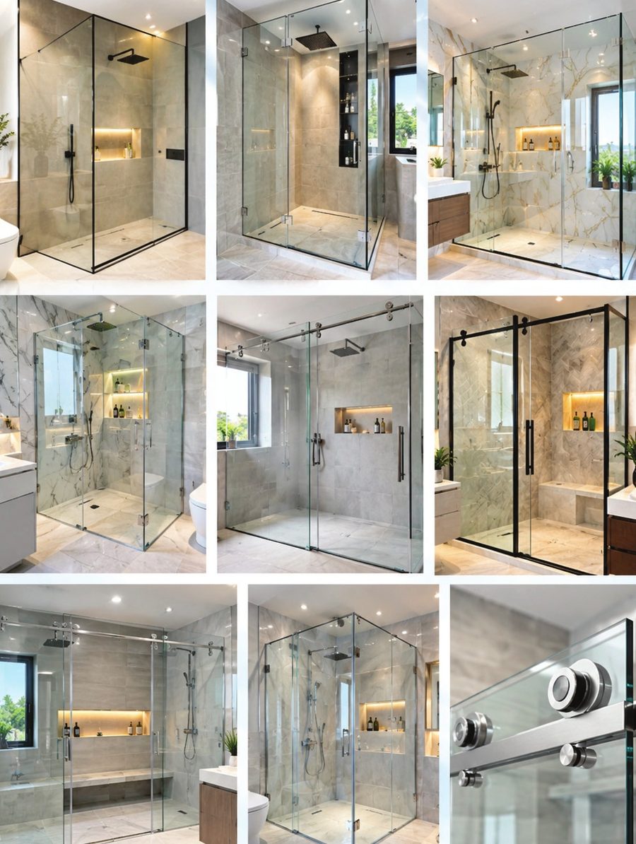 Frameless and semi-frameless shower enclosures, hinged, corner and sliding, with a hardware detail