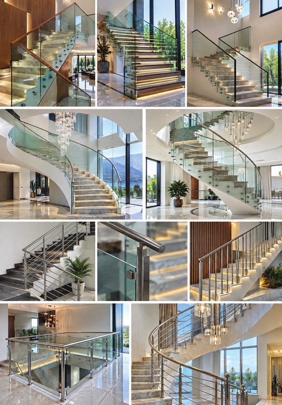 Glass balustrades with timber and steel handrails, curved staircases and stainless post systems