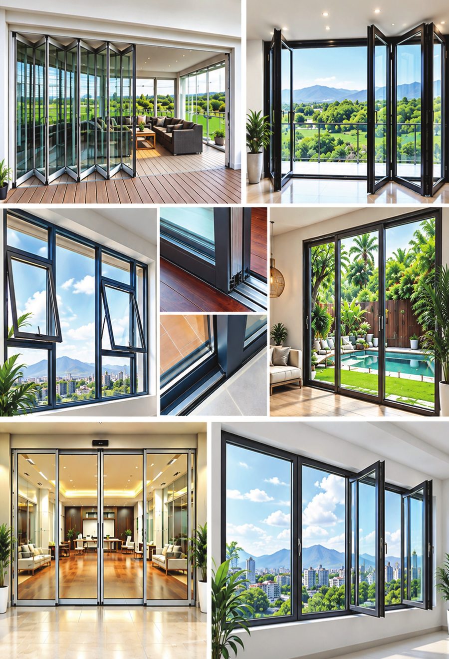 Bi-fold doors onto a terrace and balcony, awning windows, a sliding threshold detail, an automatic entrance and casement windows